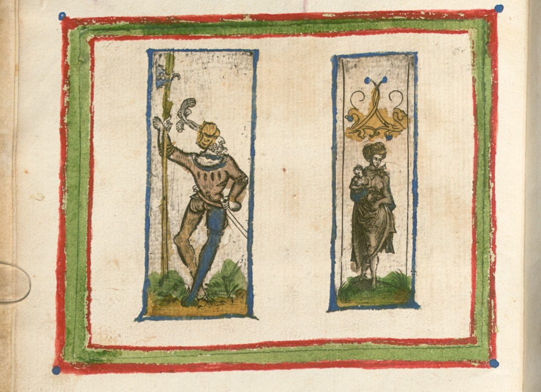 Die Zeichnung eines anonymen Künstlers (ca. 1500 bis 1505) präsentiert zwei Sinti in typischen Geschlechterrollen ihrer Zeit. Auf einer beigen Leinwand sind die zwei Figuren getrennt voneinander jeweils in einem Rechteck im Hochformat dargestellt.