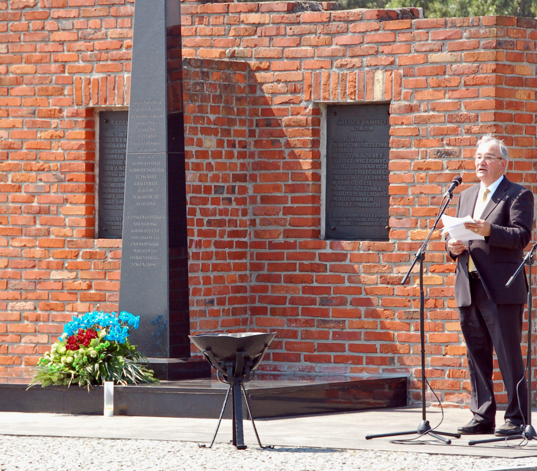 Ein Redner spricht während der Gedenkveranstaltung vor dem Denkmal.