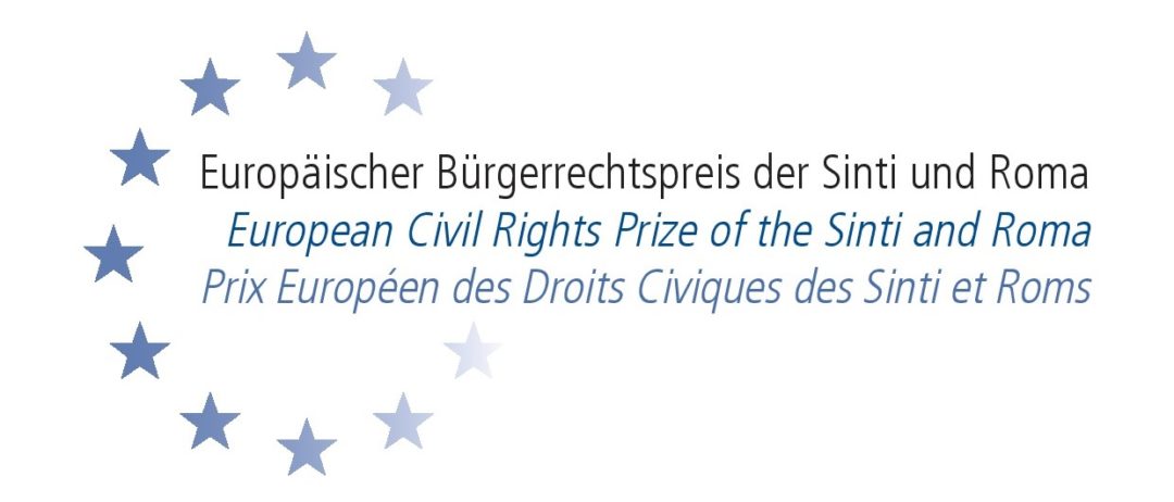 Logo of the European Civil Rights Prize of the Sinti und Roma. A text lies above the blue European stars.