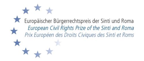 Logo des Europäischen Bürgerrechtspreises der Sinti und Roma in deutscher, englischer und französischer Sprache. Der Schriftzug ist am linken Rand von den Europasternen umgeben.