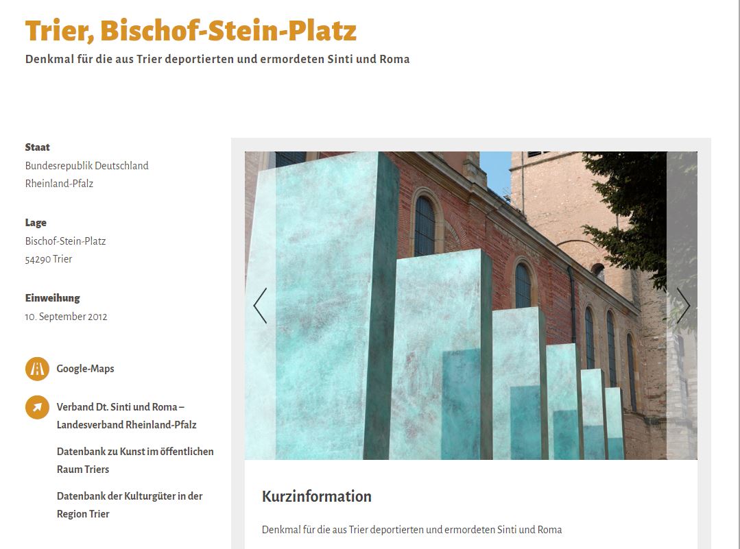 Screenshot von der Website verortungen.de, dass einen Beitrag zum Bischof-Stein-Platz in Trier.