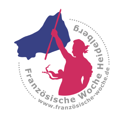 Logo der Französischen Woche Heidelberg. Im Zentrum des Logos ist eine stilisierte Marianne im Farbton Burgund, die eine blaue Flagge hält. Darum ist in einem Halbkreis der Name der Französischen Woche.