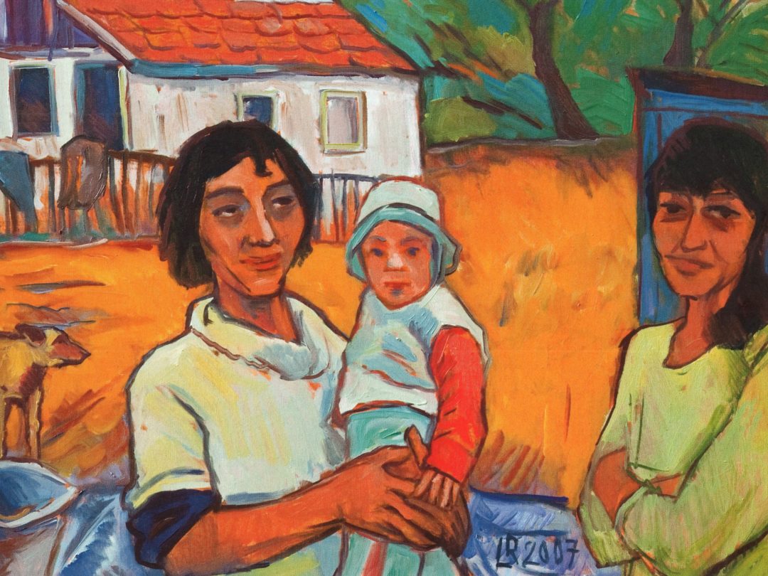Foto eines Ölgemäldes von Lukas Ruegenberg. Darauf sind zwei Frauen in einer dörflichen Umgebung zu sehen. EDie linke Frau trägt ein Kind auf dem Arm.