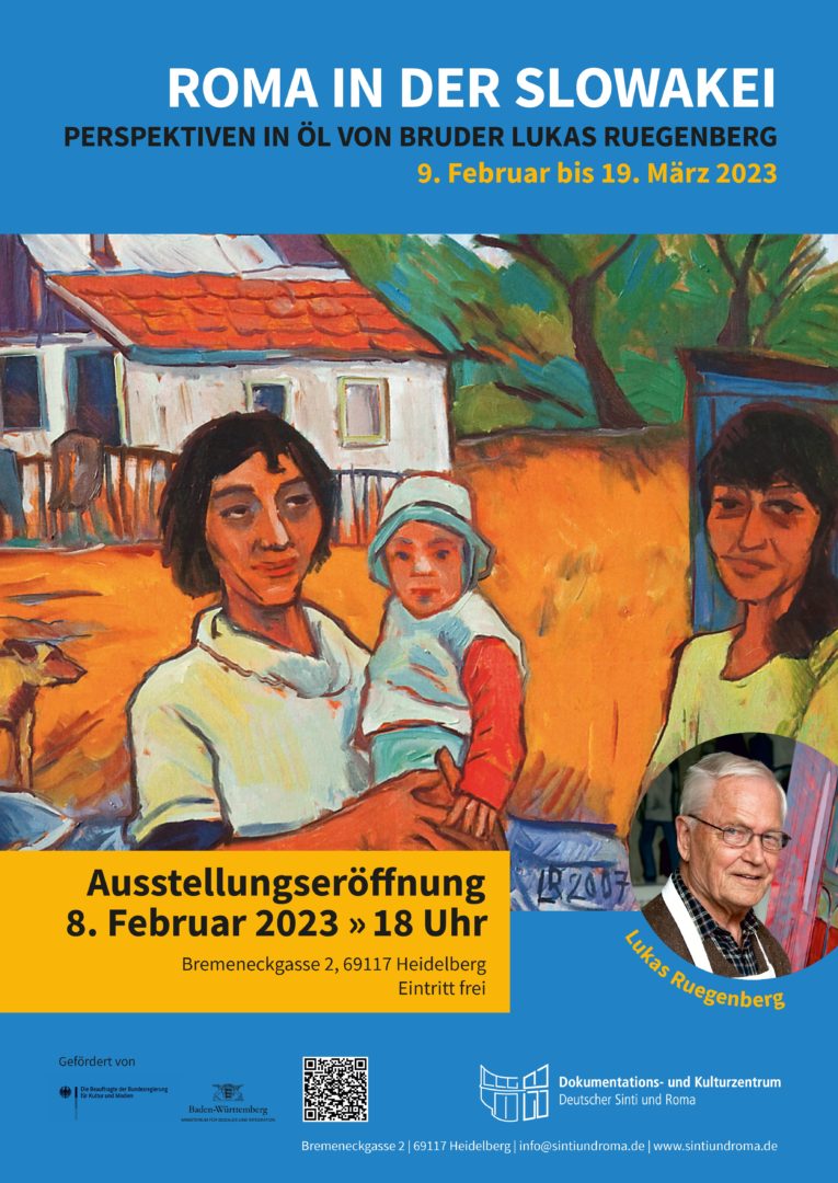 Exhibition poster: On it you can see an oil painting by Lukas Ruegenberg. On it you can see two women in a village environment. The left woman carries a child in her arms. On the lower right edge of the painting there is a portrait photo of Lukas Ruegenberg. Title of the exhibition: Roma in Slovakia. Perspectives in Oil by Brother Lukas Ruegenberg. 9 February to 19 March 2023. Exhibition opening 8 February 2023 at 6 pm'at Bremeneckgasse 2, 69117 Heidelberg. Free admission.