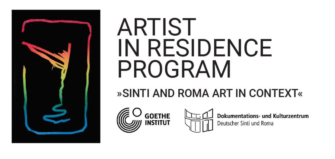On the left a logo. It consists of a stylized colorful figure with wings against a black background. On the right is text: Artists* Residency Program. "Sinti and Roma Art in Context." Below the text the logos of the Goethe-Institut and the Documentation and Cultural Center of German Sinti and Roma.