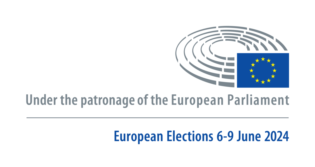 Logo des EU-Parlamentes mit Europa-Flagge. Darunter der englische Text: Under the patronage of the European Parliament. European Elections 6-9 June 2024.
