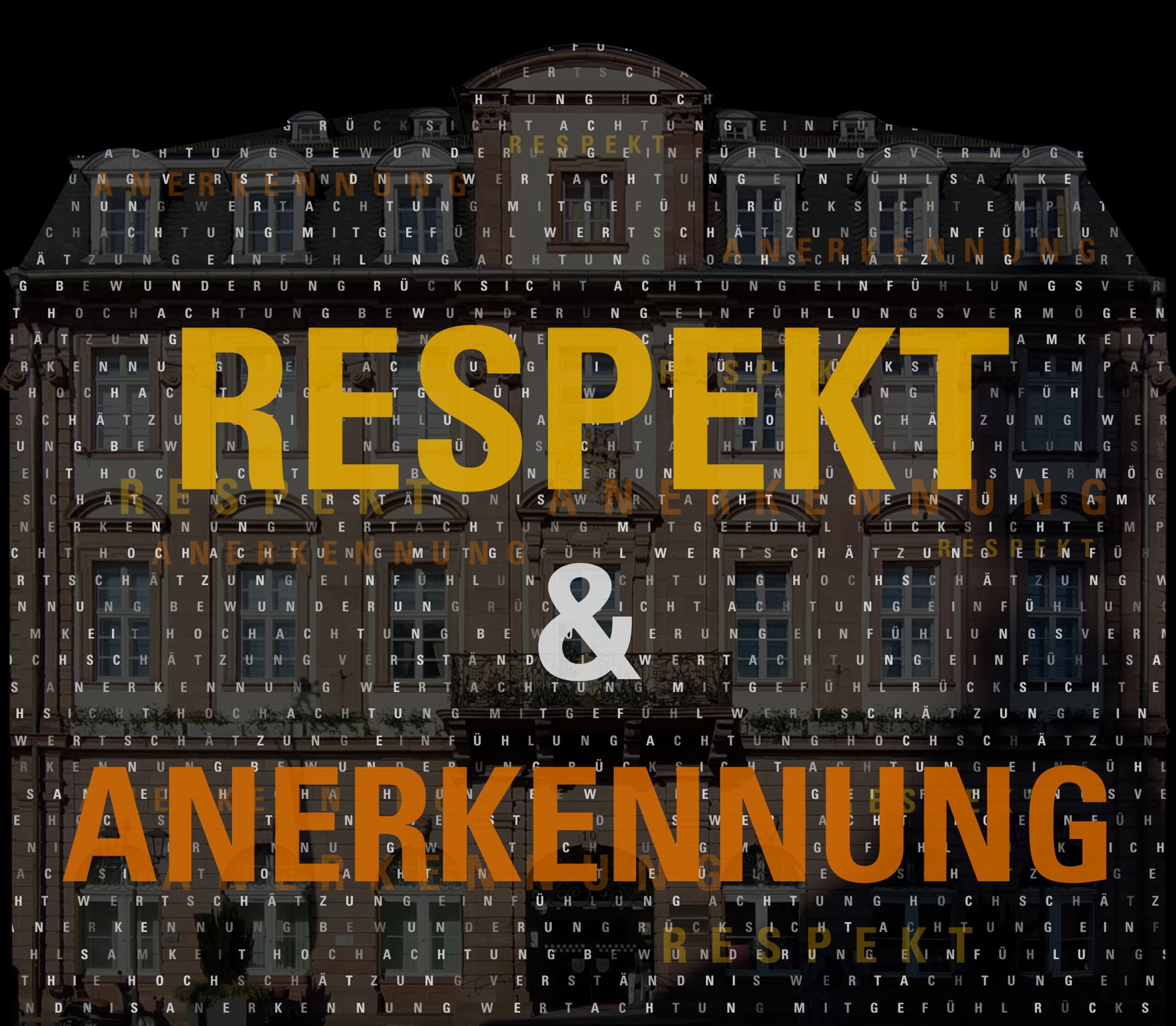 Im Hintergrund ist die Fassade des Heidelberger Rathauses zu erkennen. Sie wird überdeckt von einer Wortwolke aus den Worten "Respekt" und "Anerkennung".