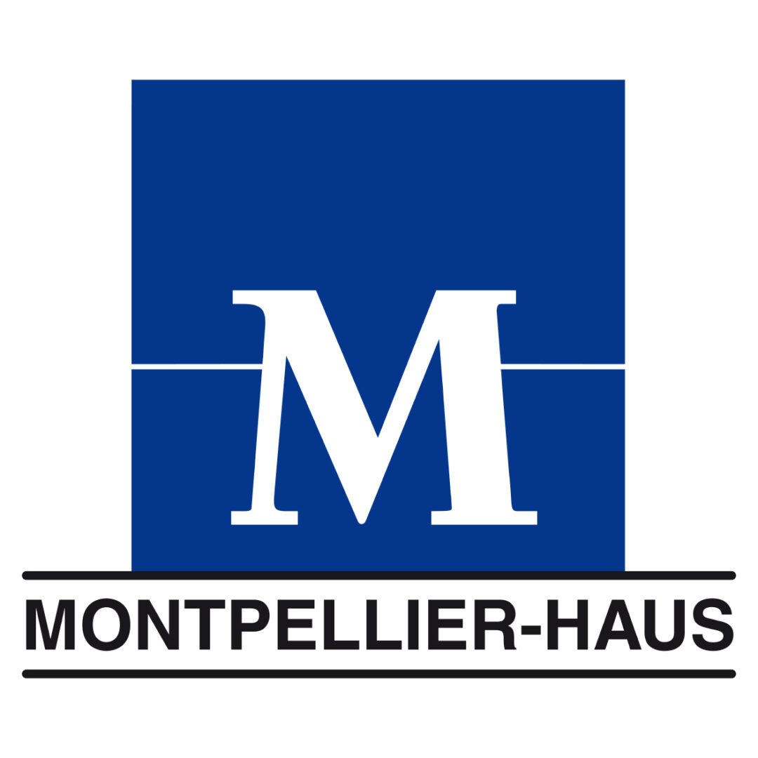 Logo des Montpellier-Hauses Heidelberg. Der Buchstabe "M" in großer weißer Schrift auf blauem Grund.